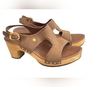 UGG Lomita Tan Leather Mosaic Sandals- Wooden Heel sling back buckle Size 6
